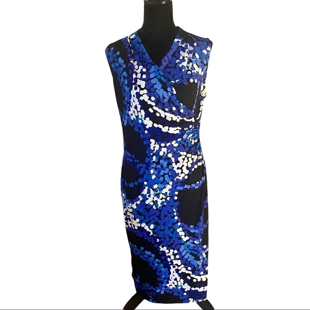 Jones Studio Wrap Around Neckline sleeveless MIDI in Blue, White & Black.